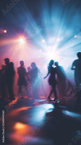 People dancing in a club with colorful lights.