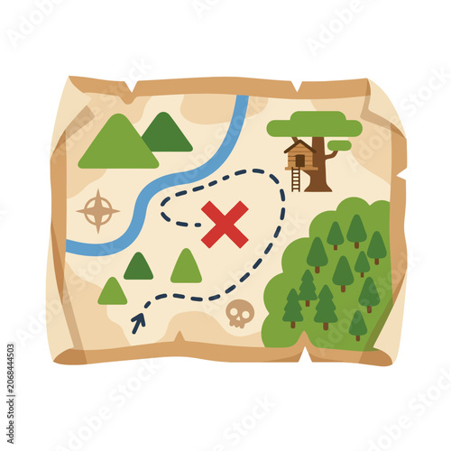 A colorful illustrated map showing a path to hidden treasure