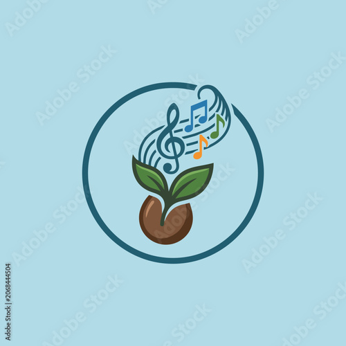 A small green plant growing with musical notes in a circle