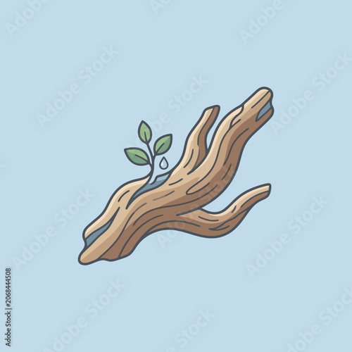 A small green sprout grows from a piece of dry wood