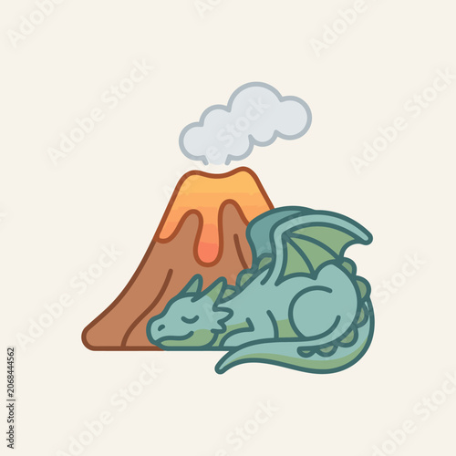 A green mythical creature rests beside a smoking volcanic mountain