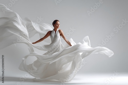 Elegant Dancer in Flowing White Fabric.