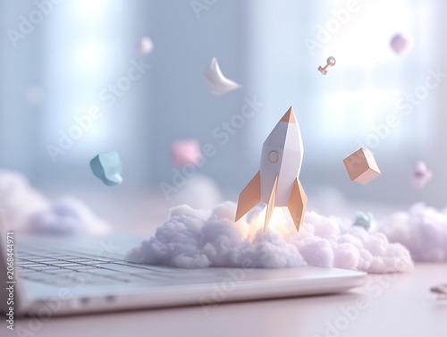 Creative Rocket Launching from Laptop Symbolizing Startup Success.