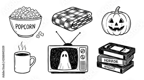 Konstfotografi A spooky ghost appears on a vintage television surrounded by Halloween treats and a cozy atmosphere at home