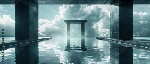 Monolithic Stone Arch Gateway in Mist Covered Pool Architectural Luxury Product Backdrop