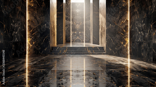 Luxury Black Marble Hallway with Gold Veins and Stairs Leading to Illuminated Gateway Runway