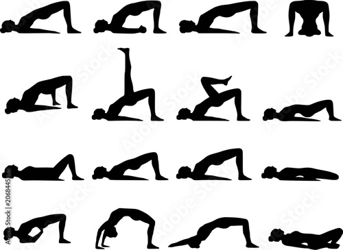 Foto Yoga bridge pose floor backbend supine woman silhouettes vector set isolated