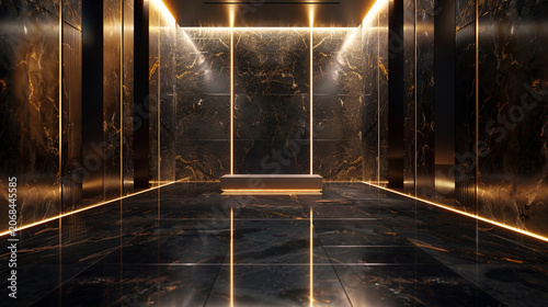 Black Marble Luxury Interior with Gold Veins and Vertical LED Neon Lights Podium Background