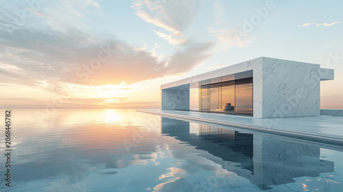 Modern Luxury White Marble Villa Infinity Pool Architecture at Sunset Reflective Background
