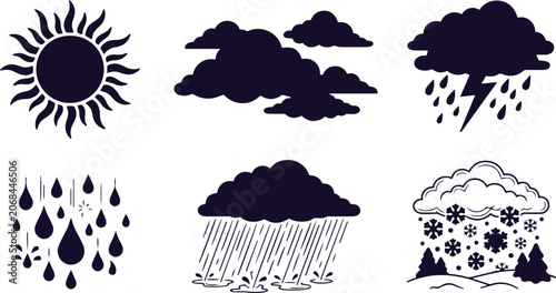 Fotografie Weather forecast icon set, dark blue sky conditions vector collection, climate c