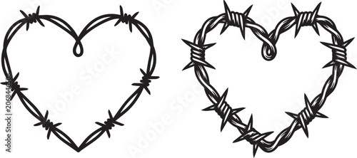 barbed wire heart shapes love and pain symbols vector illustration 