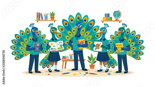Εκτύπωση καμβά Peacock Teachers in Classroom: Anthropomorphic peacocks, adorned with vibrant tail feathers, stand in a classroom setting, each holding educational materials