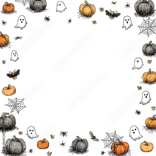 Halloween Frame with Pumpkins, Ghosts, Spiders, and Bats.