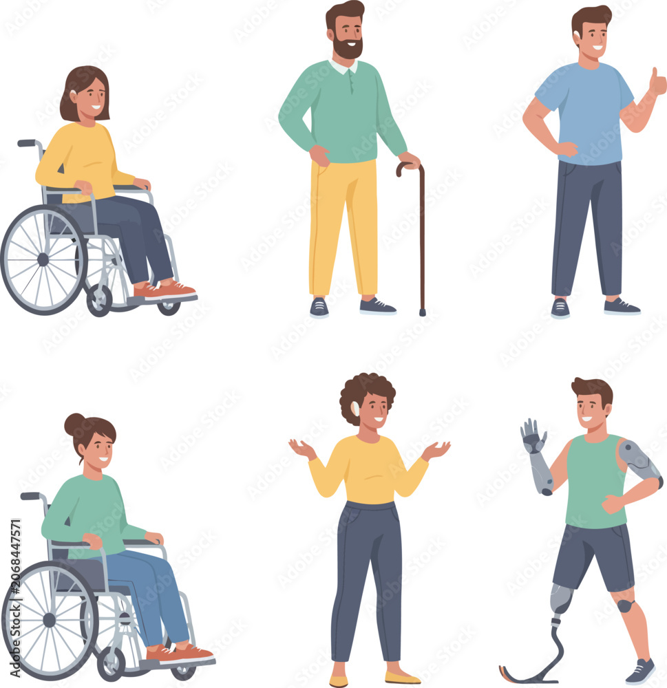 Fototapeta premium Diverse People with Disabilities Set, Inclusive Characters with Prosthetics, Wheelchair and Cane
