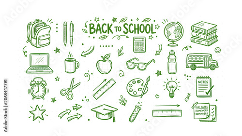 Back to School Doodle Collection: A vibrant collection of hand-drawn doodles representing essential school supplies, celebrating the excitement of returning to learning.