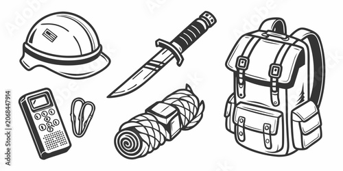Obraz na plátně Set of survival and exploration equipment including safety helmet tactical knife