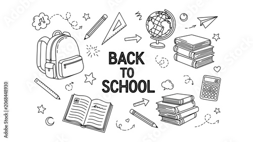 Fotografija Back to School Doodle Collection: A whimsical collection of hand-drawn illustrations depicting essential school supplies and symbols, celebrating the return to learning and academic adventure