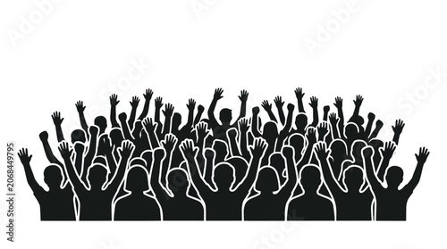 Silhouette Crowd Cheering Hands Up, Audience Celebration, Vector Illustration