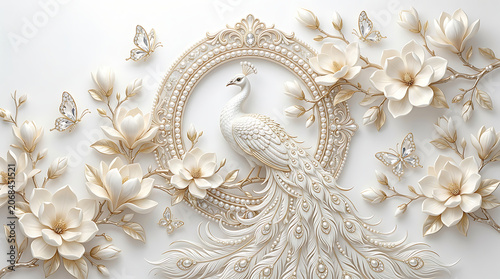 White peacock surrounded by flowers and butterflies on ornate frame