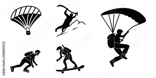 Tableau sur toile Extreme sports silhouettes set featuring paragliding skydiving and skateboarding