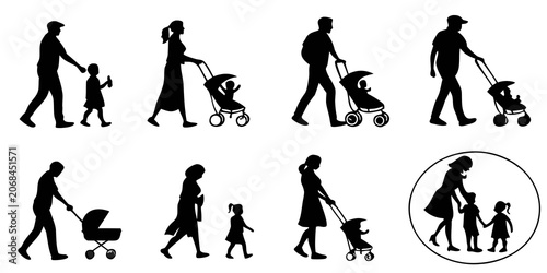 Konstfotografi Collection of parents with children and baby strollers in black silhouettes for
