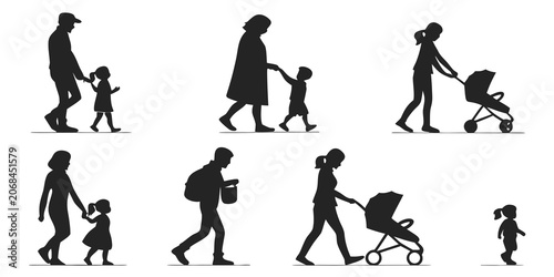 Tableau sur toile Set of family members walking together with children and baby carriages as silho