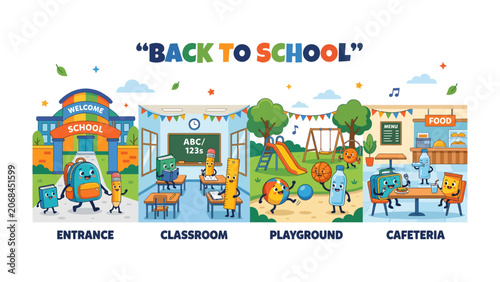 Εκτύπωση καμβά Back to School Panorama: A vibrant illustration depicting a school environment from entrance to cafeteria, featuring cheerful anthropomorphic school supplies, children playing