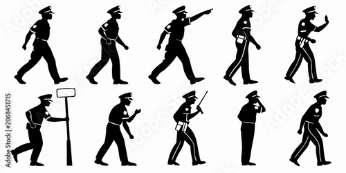 Fotografie Police officer silhouettes in various poses and actions top view silhouette stan
