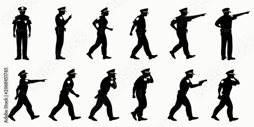 Bild auf Leinwand Police officer silhouettes in action gestures and holding a gun silhouette stand
