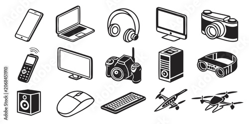 Set of technology and electronic device icons with technology electronics computer smartphone keyboard communication equipment hardware internet business connectivity portable collection