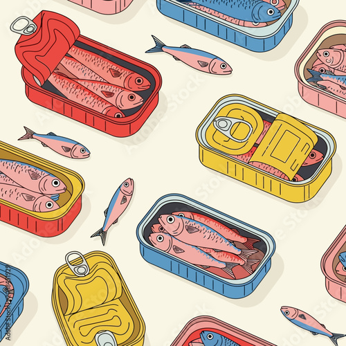 sardines and tinned fish in colorful cans form a vibrant seamless pattern an engaging food illustration ideal for culinary design projects.