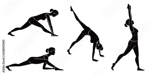 Fotografie Black silhouette collection of woman performing advanced yoga asanas and stretch