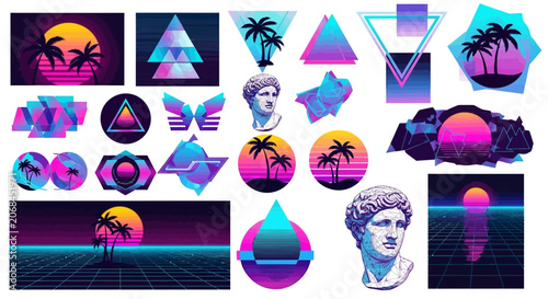 Retro Synthwave Graphics: Palm Trees, Sunsets, Abstract Shapes, Statues