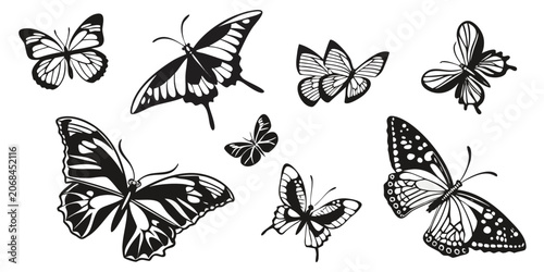 Set of diverse butterfly silhouettes featuring various wing patterns and shapes butterfly butterflies silhouette collection wildlife entomology delicate illustration isolated decorative