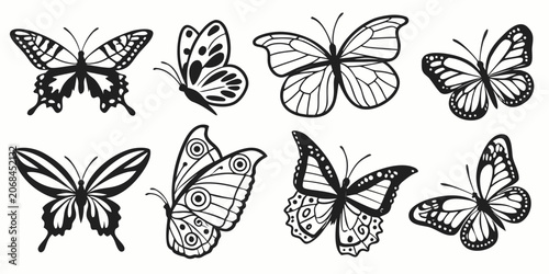 Array of elegant butterfly silhouettes with intricate wing designs for decoration butterfly butterflies silhouette collection wildlife illustration isolated decorative creature ornament