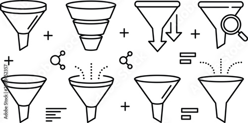 Marketing sales funnel and data filter vector outline illustration set with conversion pipeline optimization line art design elements