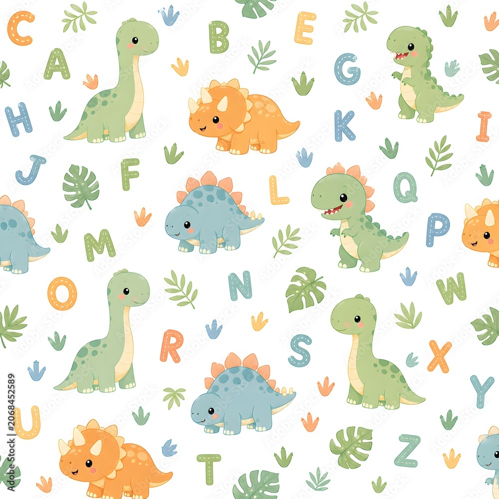 Obraz premium Cute Dinosaur Alphabet Seamless Pattern for Kids Learning and Nursery Design