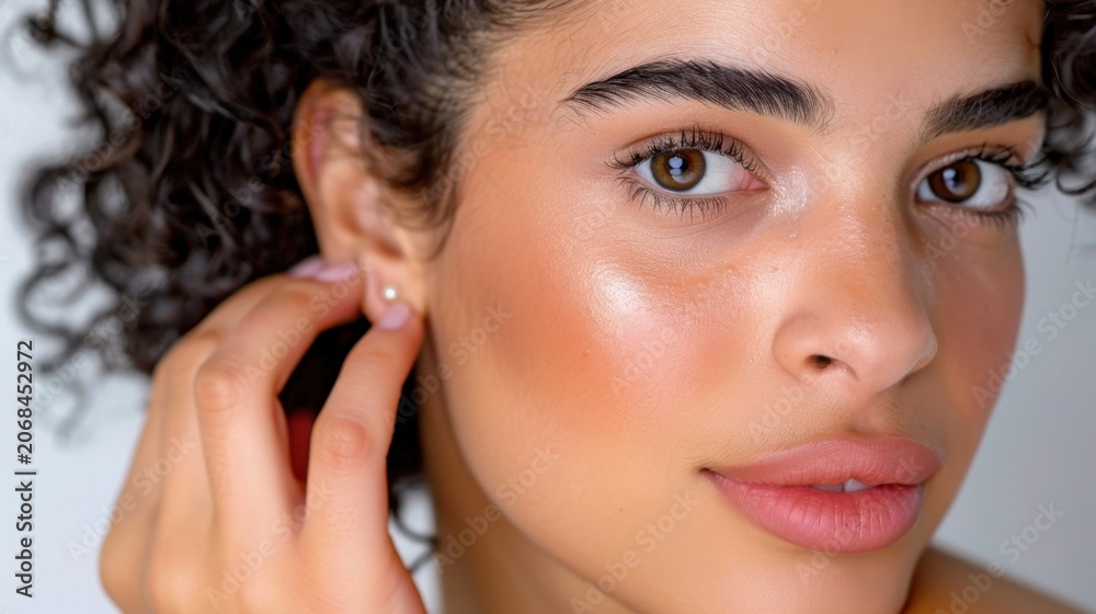Fototapeta premium Close-Up Portrait of Young Woman with Natural Makeup and Beautiful Curly Hair Touching Her Ear in Soft Light