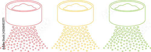 Foto Isometric sifting icons, three colorful vector illustrations of sieves with falling particles