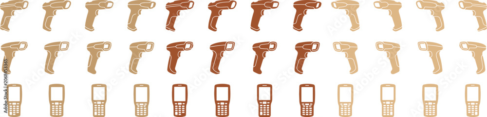Fototapeta premium Modern Barcode Scanner Vector Icons, 30 Handheld Reader Devices in Brown and Beige Tones, Retail and Logistics Technology Graphics, E-commerce and Inventory Management Tools