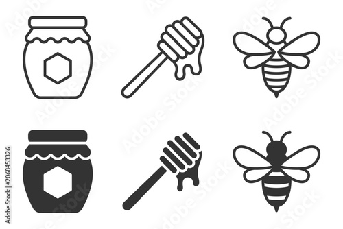 Honey jar dipper bee icons set in black and white design. Vector illustration.