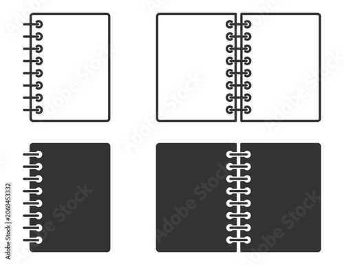 Set of spiral notebooks in open and closed positions in black and white. Vector illustration.