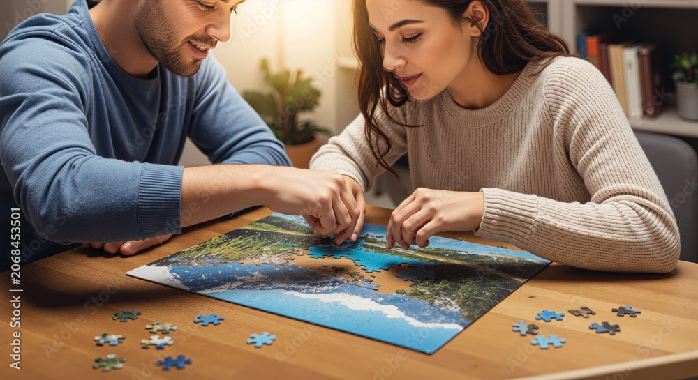 Fototapeta premium Couple engaging in cooperative recreational activity working together on a jigsaw puzzle at home fostering teamwork and bonding.