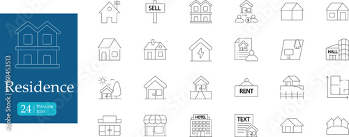 Obraz na plátně Set of 24 thin line residence icons, including houses, buildings, real estate, a
