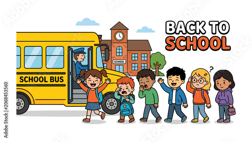 Foto Back to School Excitement: A vibrant illustration depicts a yellow school bus arriving at a charming school building, with a group of diverse children disembarking, some eager, others apprehensive
