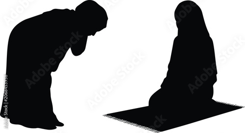 Konstfotografi Muslim prayer silhouettes, two black vector figures bowing and kneeling in tradi