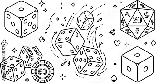 Photos Rolling game dice cube and polyhedral d20 die vector outline illustration set wi
