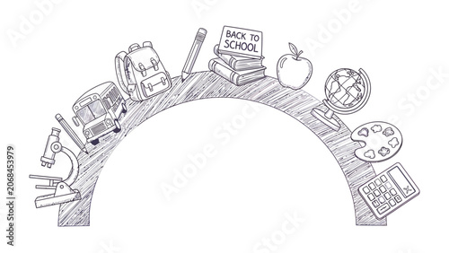 Back to School Supplies Arch: A whimsical sketch depicts an arc of essential school supplies, from a microscope to a calculator, symbolizing the journey of learning.