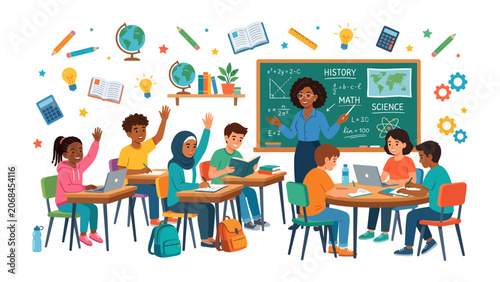 Obraz na plátne Classroom Engagement: A vibrant and diverse classroom where an enthusiastic teacher engages with attentive students, fostering a dynamic learning environment filled with curiosity and collaboration