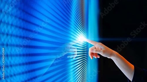 Hand interacting with blue digital interface